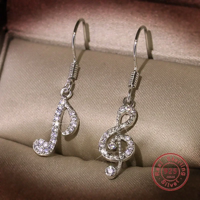 Exquisite Female Earrings Sterling Silver Asymmetric Diamond Music Note Small Earrings for Women S925 Silver Needle Jewelry