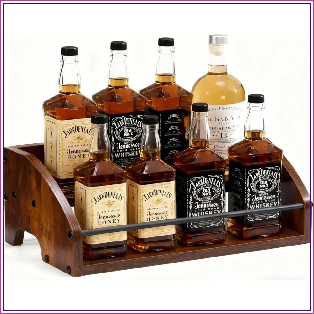 

2 Tier Wooden Liquor Display Shelf, Countertop Wine Rack for Bourbon, Whiskey, Spirits, Mini Bar Organizer