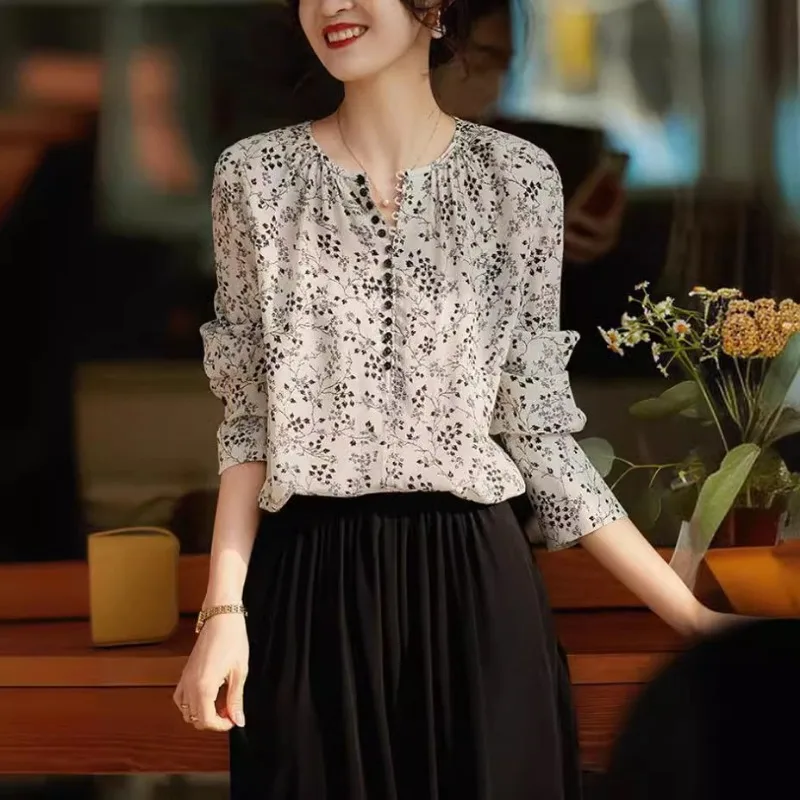 Women Floral Print Blouse Half Placket Button Detail Three Quarter Sleeve Loose Faux Silk Tunic Top For Spring