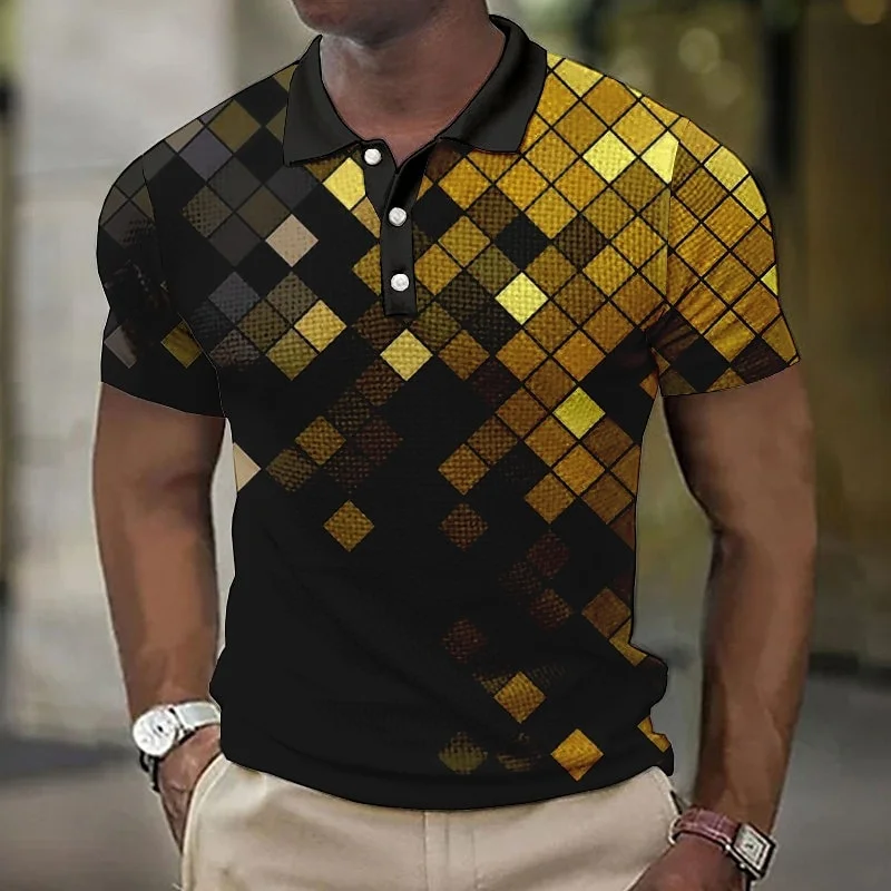 Color Geometry Pattern Polo Shirt For Men Grid Splicing 3D Print Tees Summer Casual Street Short Sleeve Loose T-Shirt Lapel Tops
