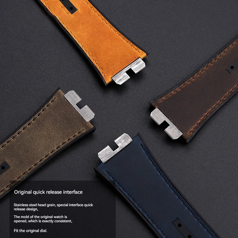 Quick Release Retro Genuine Leather +Fluoro rubber bottom Watchband For Hublot Big Bang 411 411 Men Strap Stainless steel joint