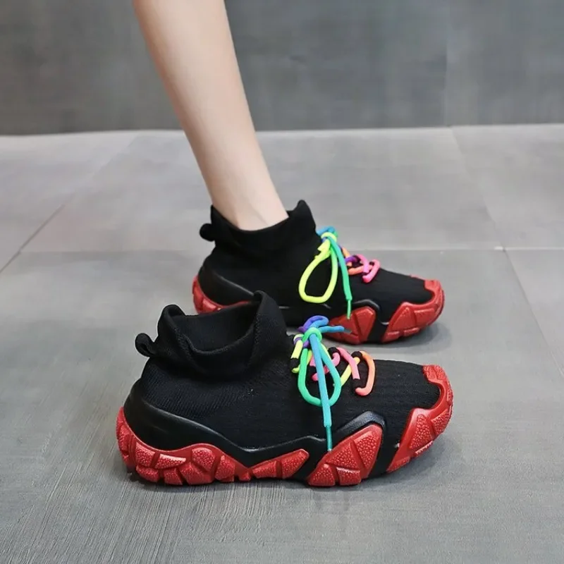 Spring and Autumn Lace-Up Women's Vulcanized Shoes Fashionable Breathable Sports Shoes Women's Tennis Shoes Non-Slip Thick Soles
