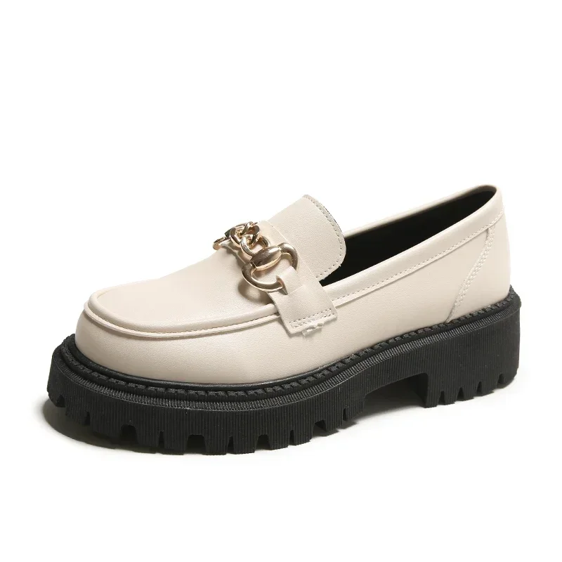 2024 Chunky Loafers Women Pu Leather Platform Shoes Round Toe Metal Chain Ladies Flats