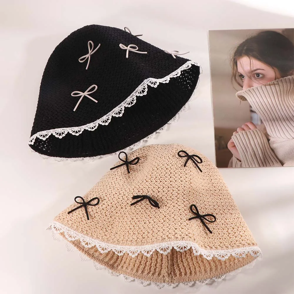 أنيقة مقوس دانتيل القش قبعة ظلة الشمس حماية واقية من الشمس صياد قبعة الكورية نمط قبعة بحافة المرأة قبعة الشمس النساء #3
