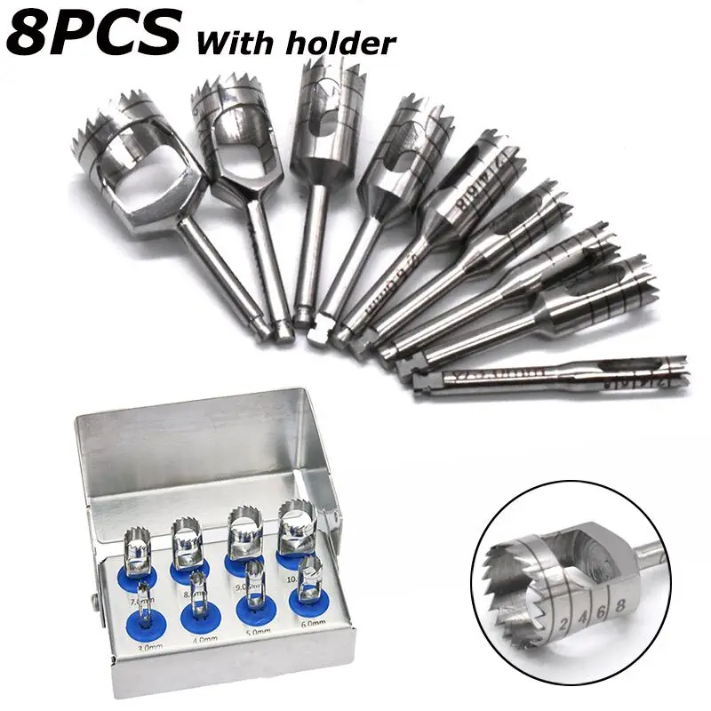 8Pcs/set Dental Cutting Burs Implant Bone Trephine Drill Dentistry Stainless Steel Instrument Planting Low Handpiece