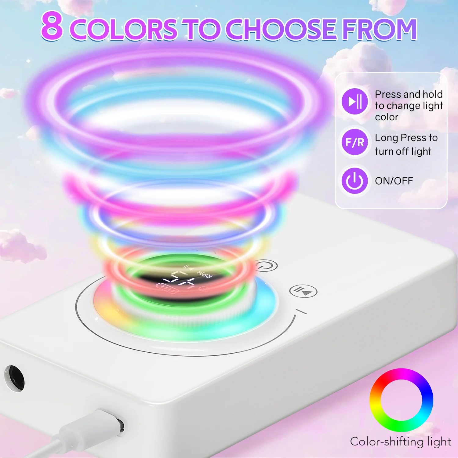 45000RPM Rechargeable Nail Drill –  Electric Nail File with LCD, USB-C, 8-Color LED Light, Dual Rotation, for Acrylic & Gel