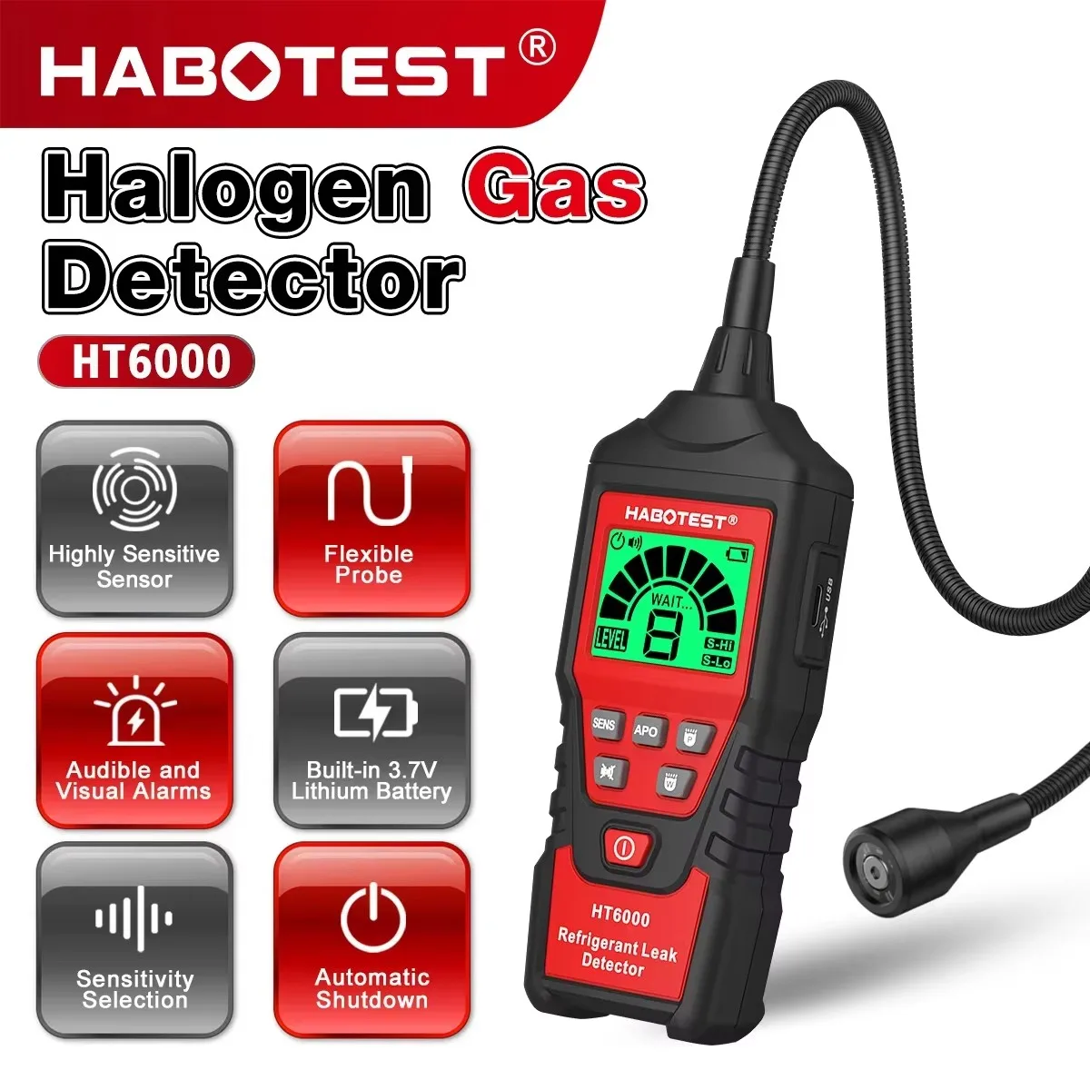 HABOTEST HT6000 Portable Refrigerant Leak Detector HVAC Air Conditioner Freon Halogen Gas Leak Tester Flexible Probe
