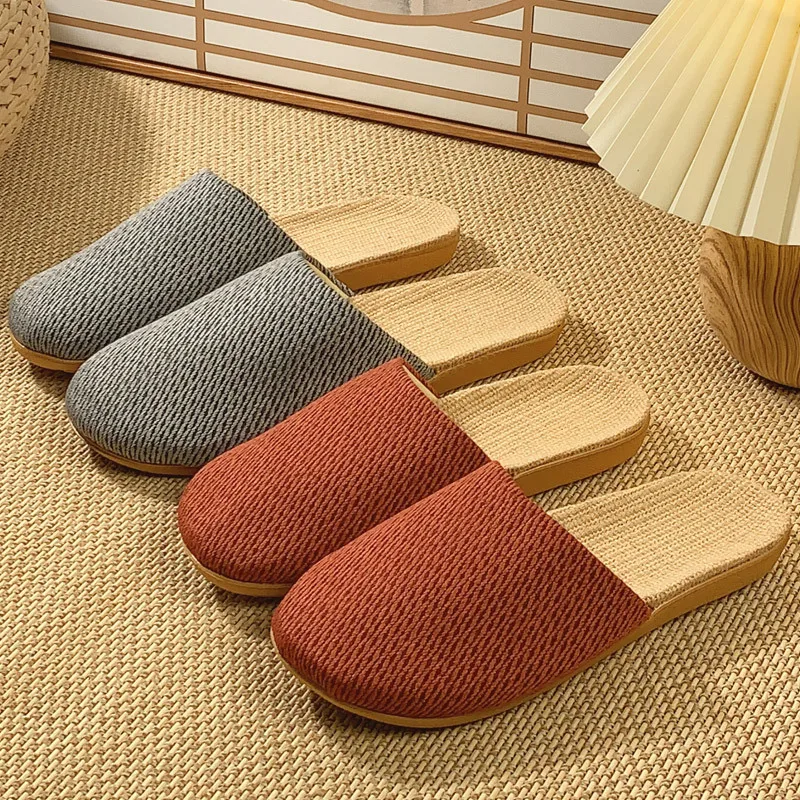 New Fabric Men Slippers Summer Slip-On Indoor Unisex Home Slipper Non-Slip Breathable Linen Shoes Indoor House Footwear