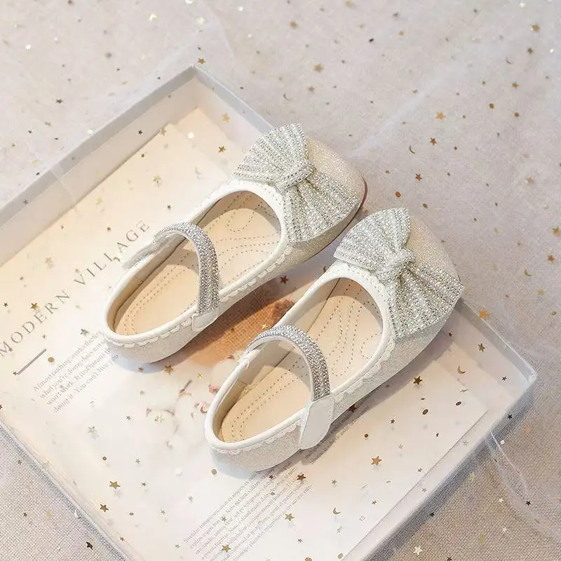 Princess Flat Children's Shoes for Girl Mary Jane Loafers Sneakers Kids Party Shoes Fashion Rhinestone Bow Leather Shoes 6 Year