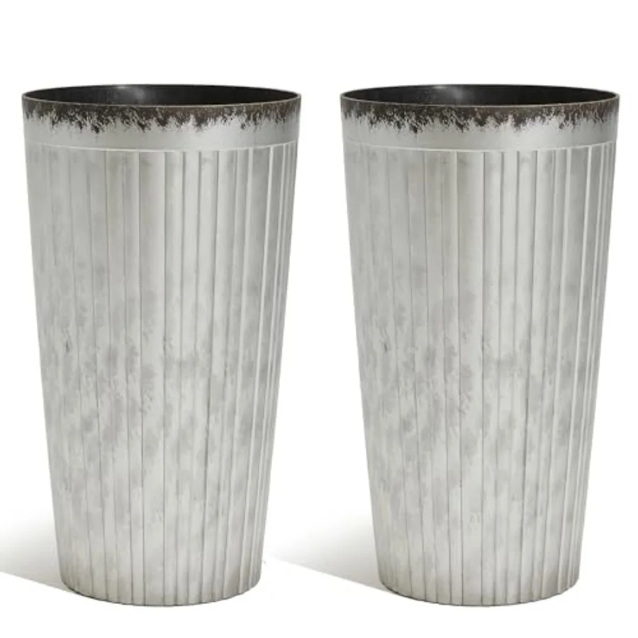 

Garden 22.5" H. Plastic Planters - Set of 2 Silver Color Tall Conical Plant Pots for Indoor Outdoor Use - Decorative Lightweigh