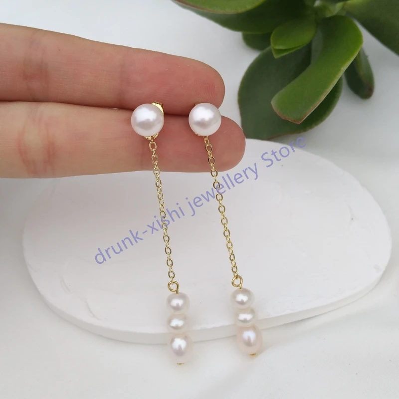 

AAA 7-8mm White Real Akoya Natural Pearl Drop Stud Earrings Dangle Line Free Shipping At Daily Party