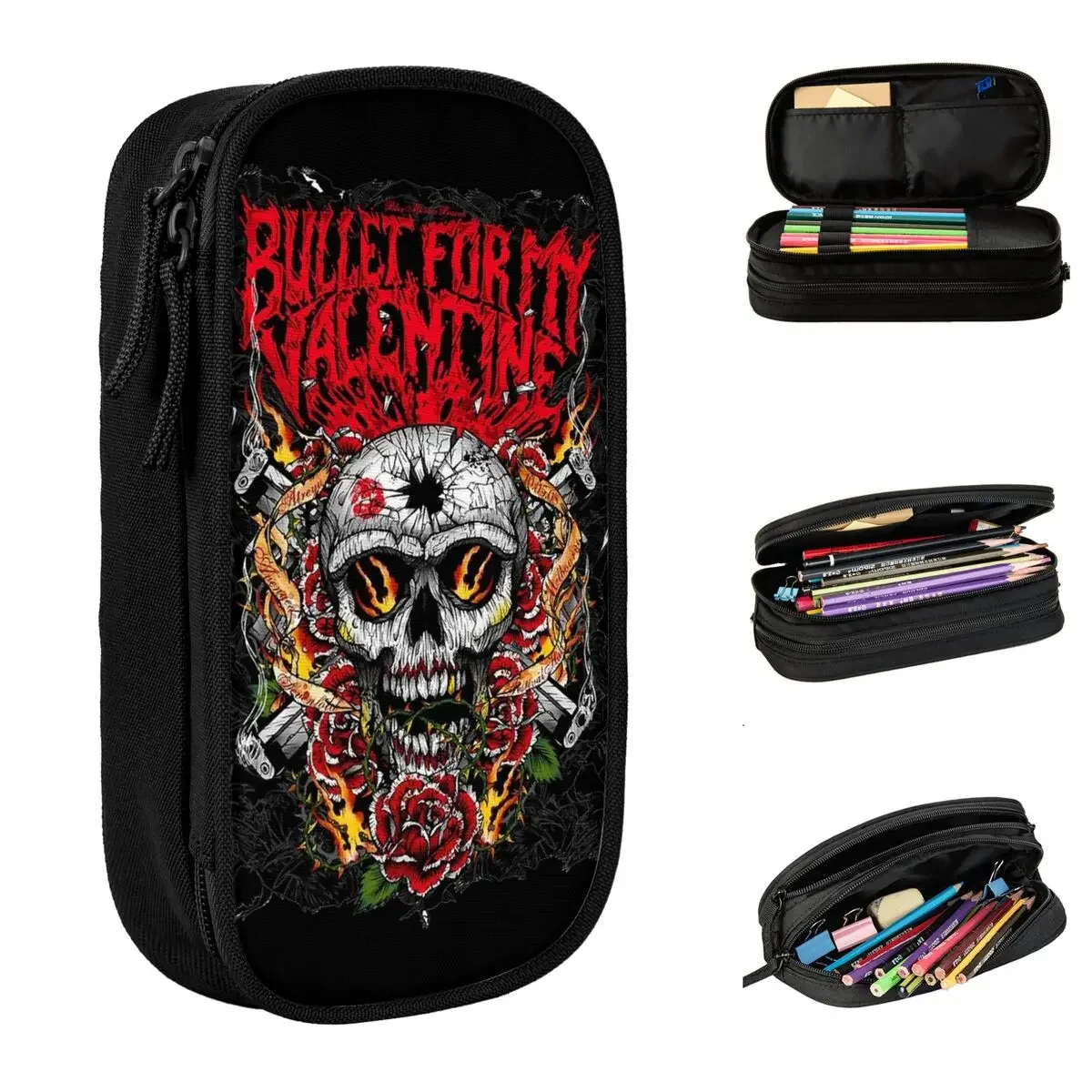 Skull Bullet For My Valentine Pencil Case Pen Holder Bag Student Large Storage Students School Zipper Pencil Pouch