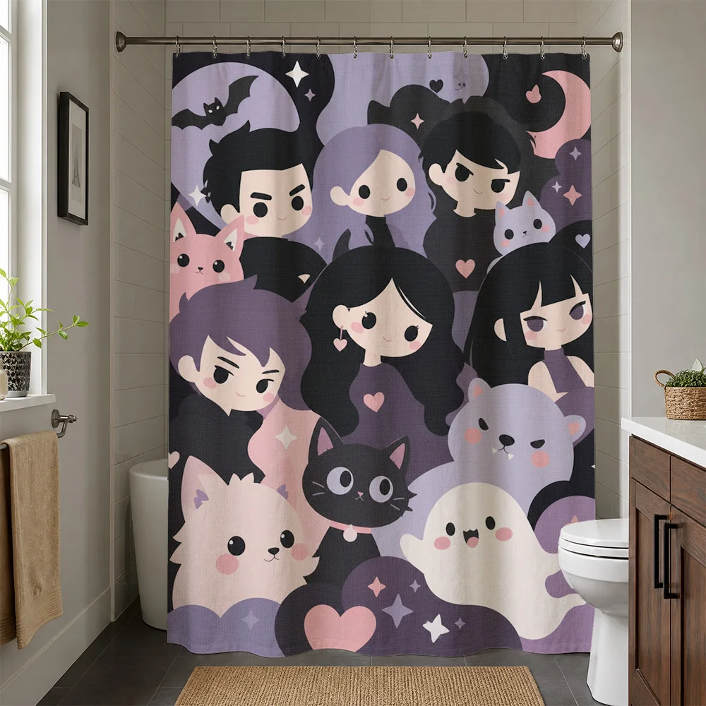 Cute Kawaii Cartoon Characters Shower Curtain Bathroom Decor Fun Pop Culture Novelty Shower Curtain for Kids and Teens
