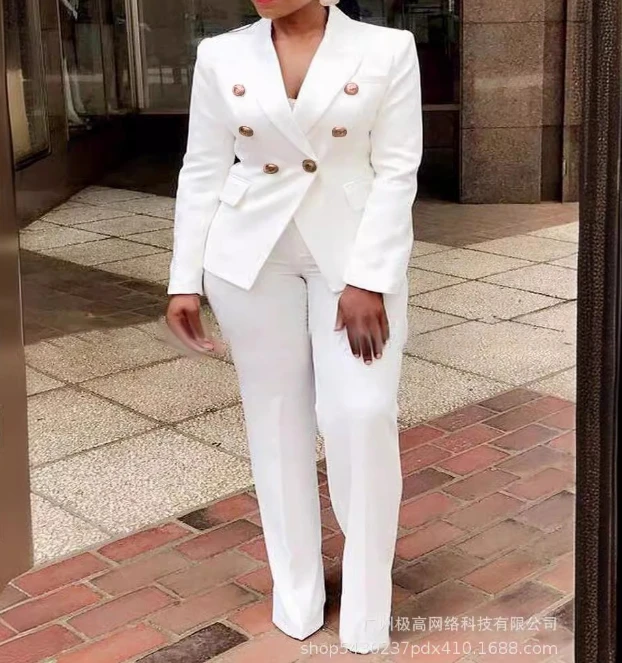 

Women's Suit Set 2024 Trendy Elegant Commuting Notched Collar Double-breasted Long Sleeve Blazer Coat and High Waist Pants Set