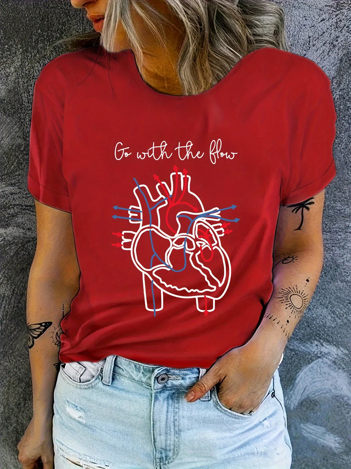 Women'S Green "Go with The Flow" Graphic Casual Crew Neck Short Sleeve T-Shirt with Heart Summer Fashion Print Top Short Sleeve
