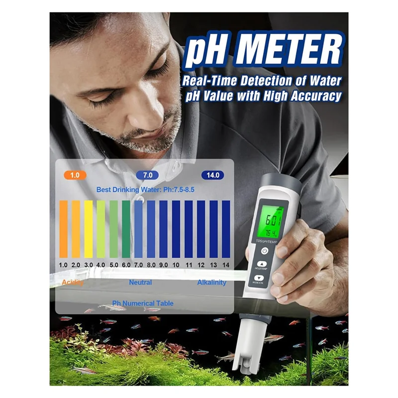 AED7-TDS/PH/Temperature 3-In-1 PH Meter For Water, 0-14 PH Digital PH Meter, 0.01 High Precision Water Quality Tester