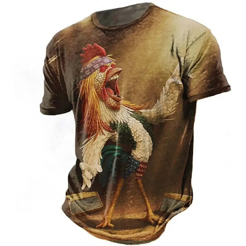 Summer Vintage Cartoon Rooster Print T Shirts For Men Streetwear Comfortable Crew Neck Short Sleeve Tees Casual Sports Tops 3XL