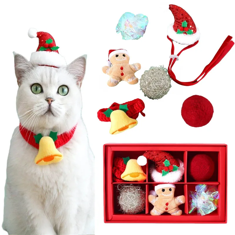 6Pcs/Set Christmas Toy Kitten Mini Pompoms Santa Hat Decorative Collar and Toy Ball for Pet Festival Party Accessories