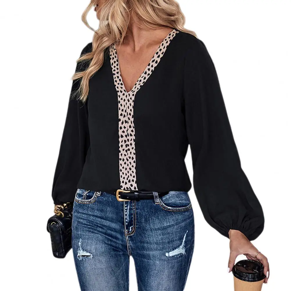 Dames Shirt V-Hals Lantaarn Lange Mouw Losse Fit Pullover Tops Luipaard Splits Print Dunne Blouse Vrijetijdskleding