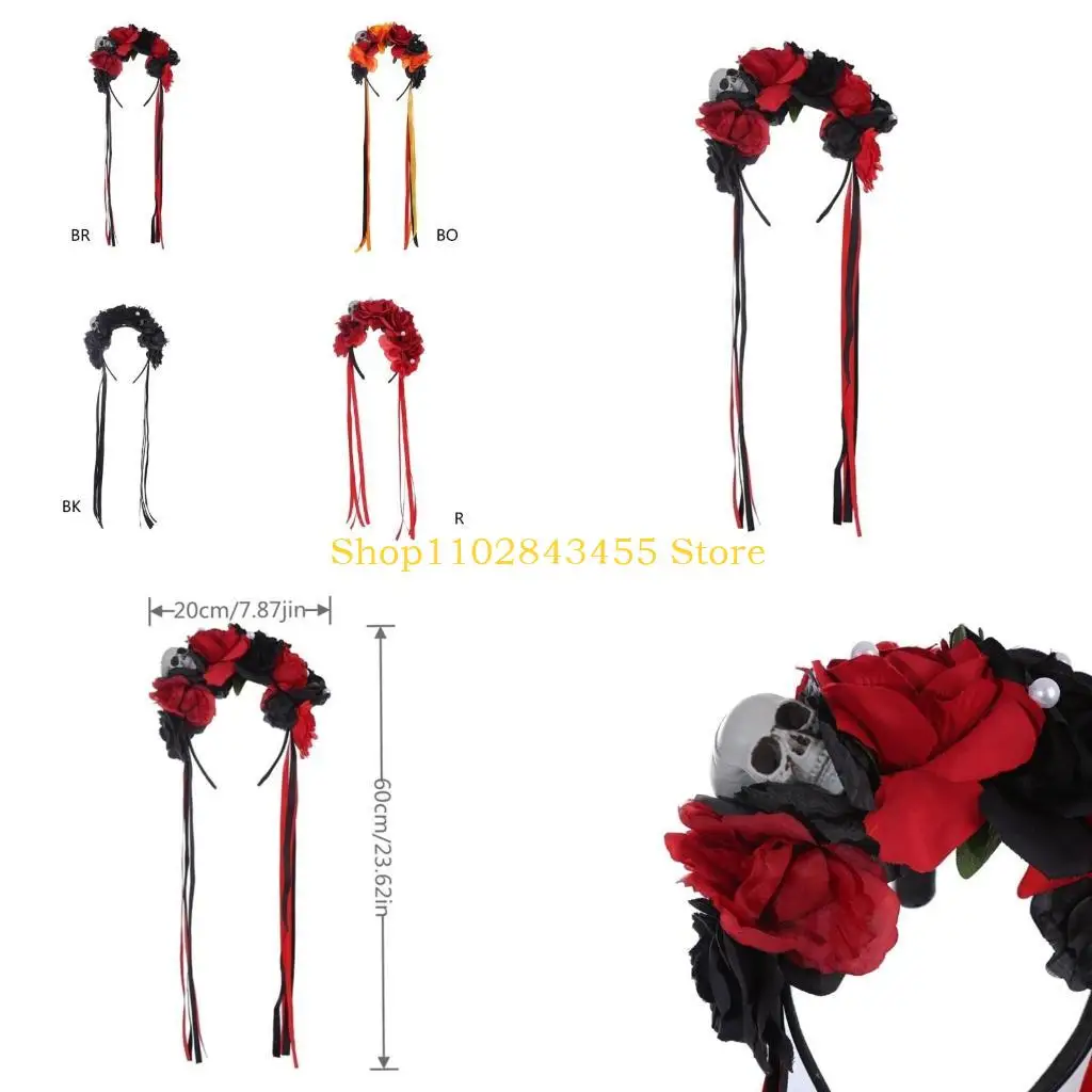 

49MC Goth Flower Crowns For Women Gothic Skull Headband Halloween Flower Headband