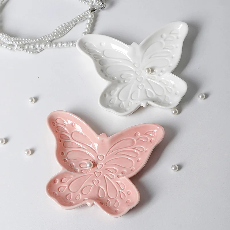 Butterfly Ceramic Storage Tray Jewelry Plate Simple Butterfly Pattern Ceramic Decorative Tray Organizer Desktop Decor Daily Use