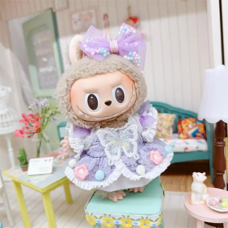 Pakaian Labubu 17cm pakaian boneka mewah Mini lucu Aksesori gaun overall jepit rambut untuk boneka Labubu hadiah anak-anak