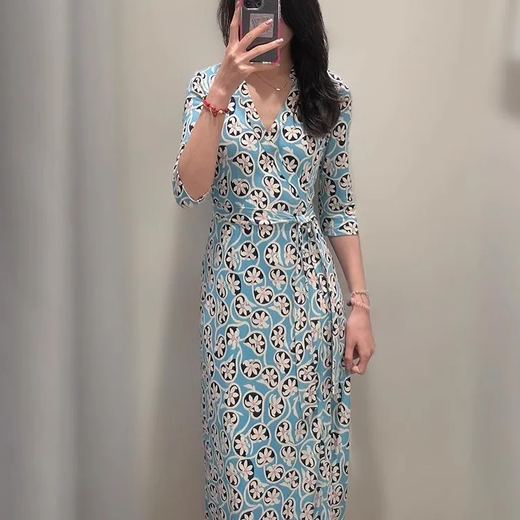 

Modern Sle Ice River Blue Vine Floral Print Wrap Bodycon Dr Svel Stand Collar mid Waist Belt Summer Wome...