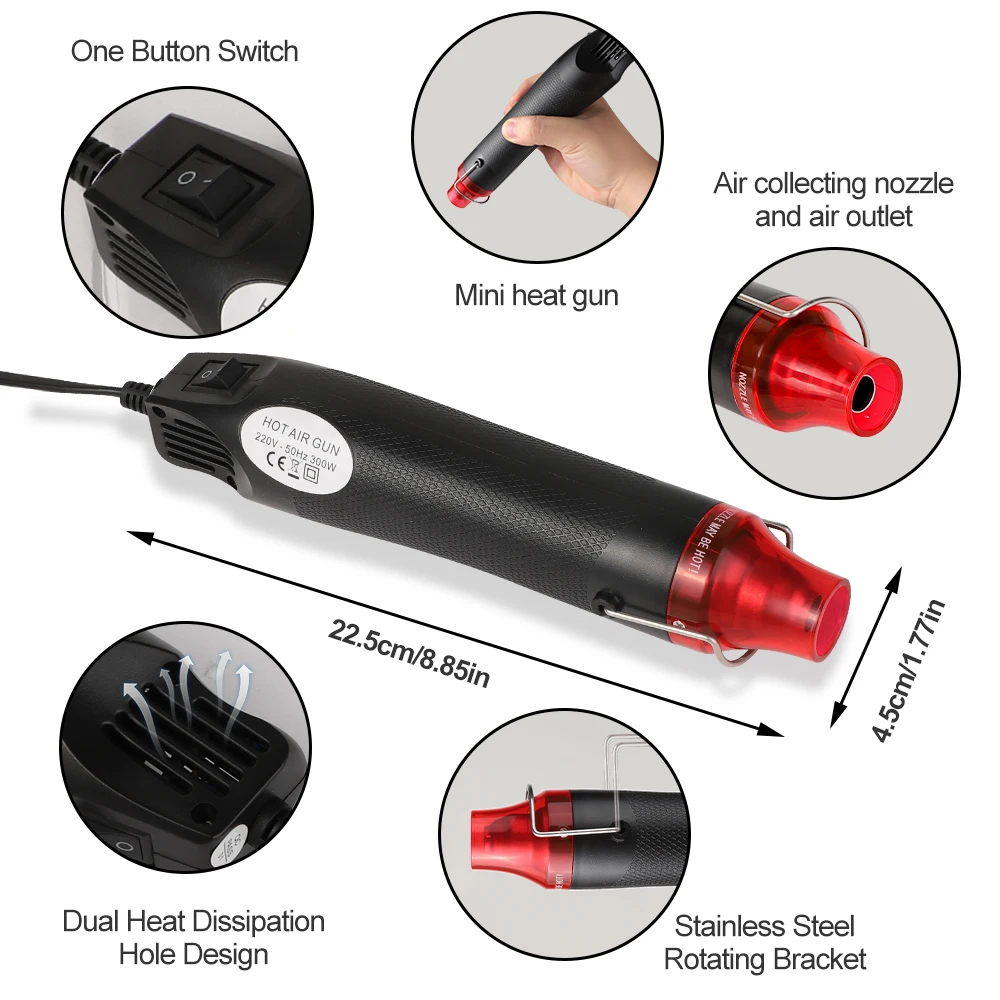 EU/US Plug 300W Mini Electrical Heat Gun Handheld Hot Air Gun for DIY Craft Wrap Embossing Plastic Shrink Tool Wrapping PVC