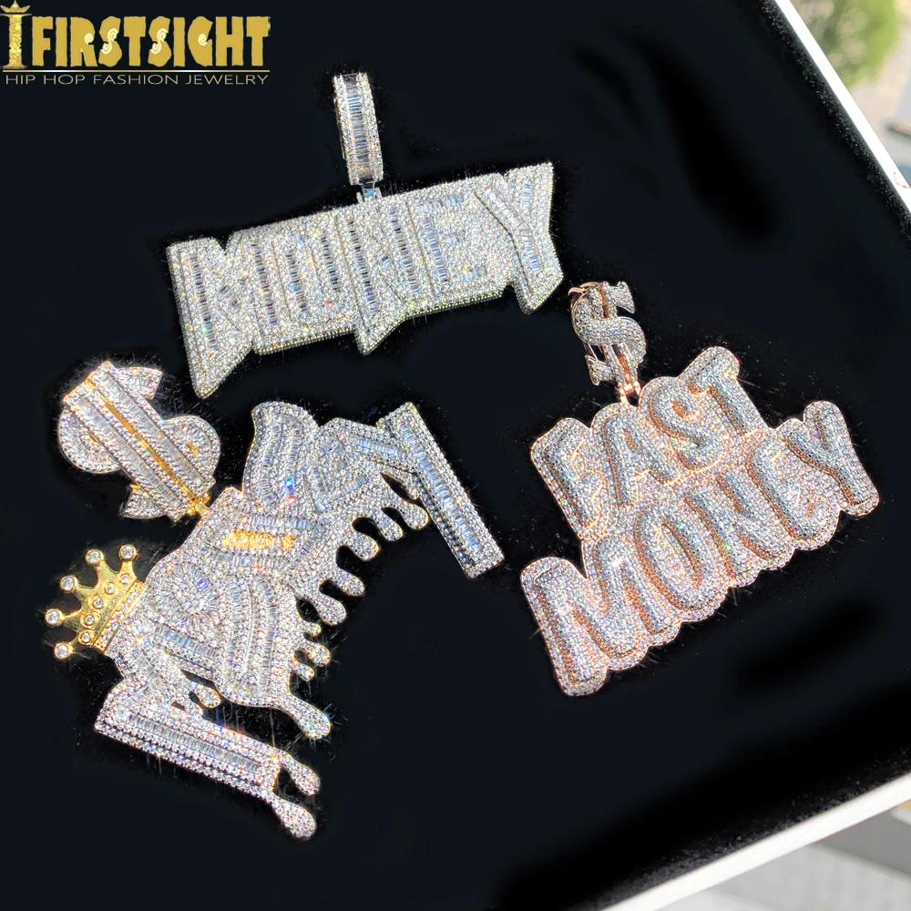 New Iced Out Bling Crown Letters Money Pendant Necklace Two Tone Color CZ Zircon Dollar Symbol Necklaces Men's Hip Hop Jewelry