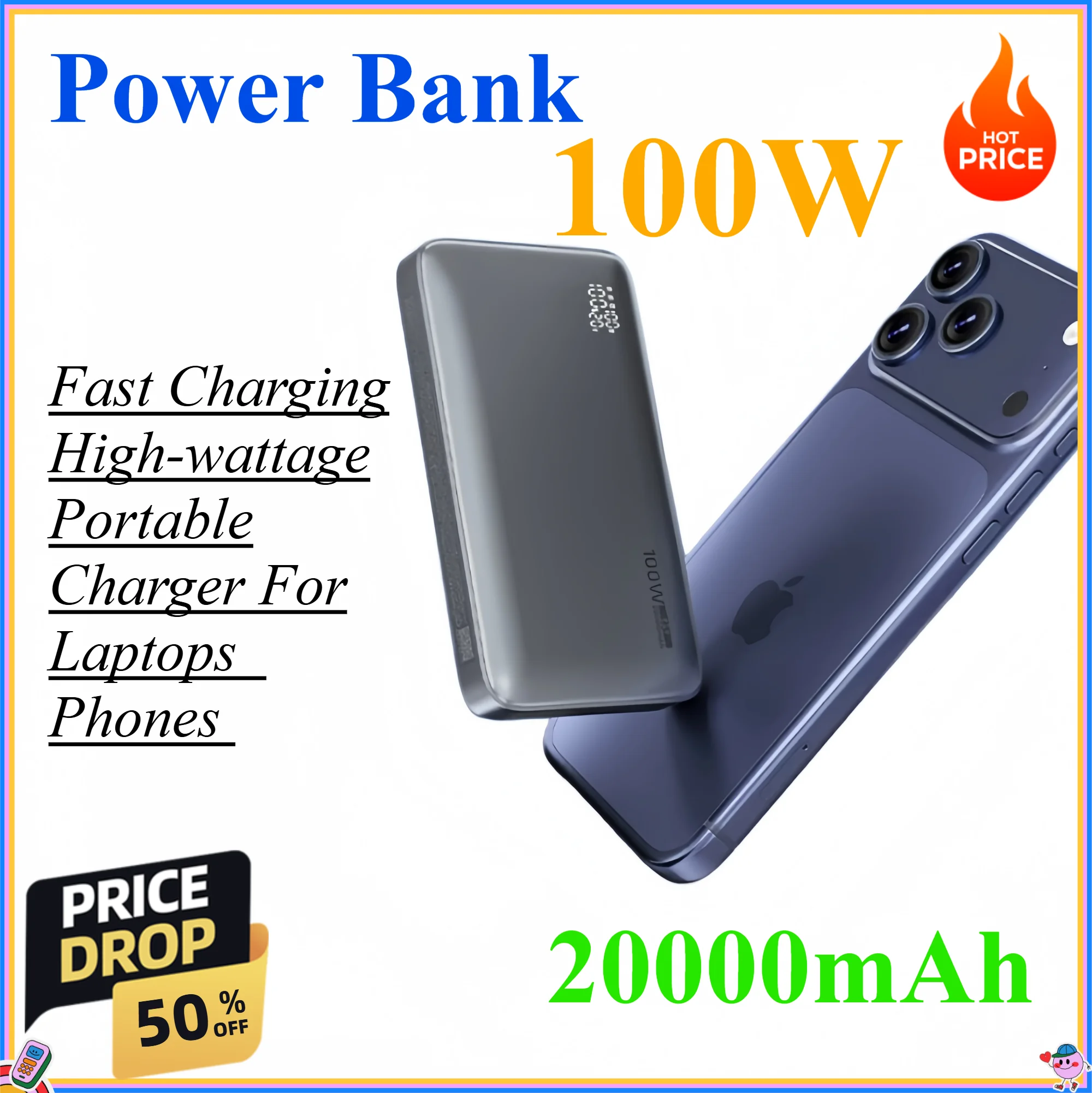 

100W Power Bank 20000mAh PD Fast Charging High-wattage Portable Charger For Laptops And Phones With External Battery