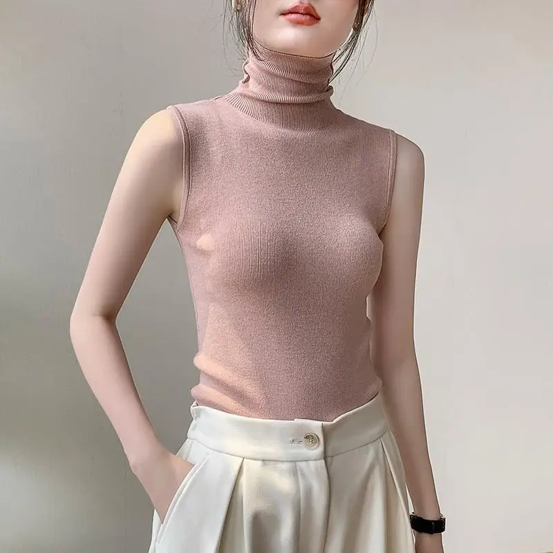 Wholesale Turtleneck Sweater Vest Base Slim Fit Pullovers Women Autumn Winter Pile Collar Sweater Sleeveless Solid Knitted Top