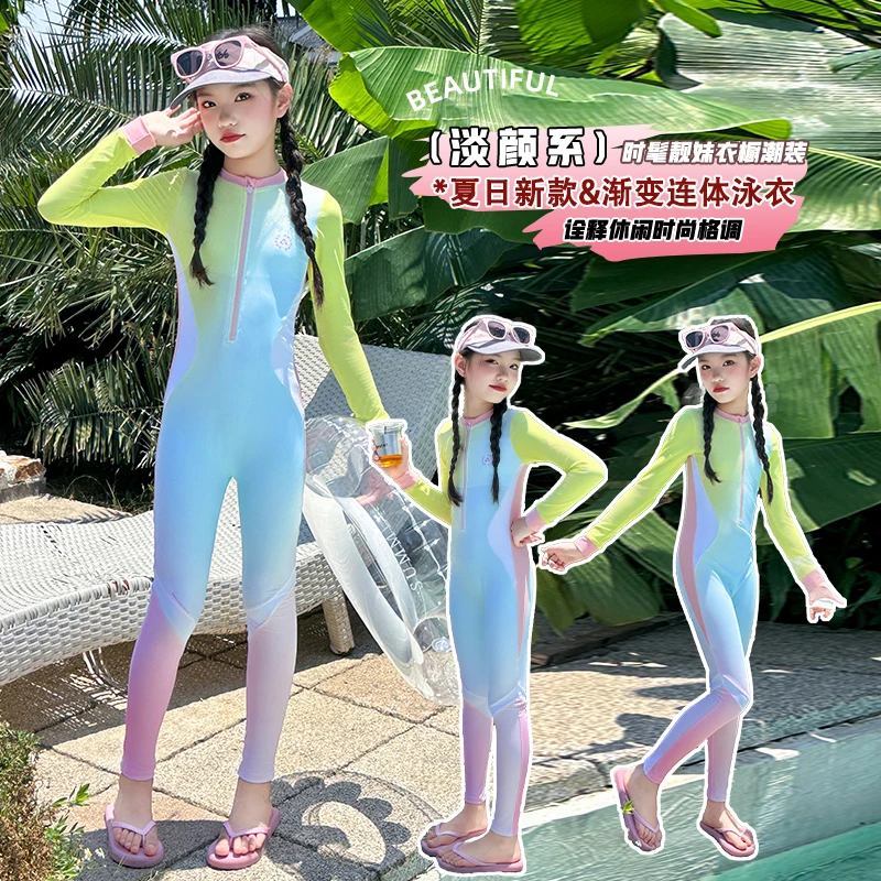 One Pieces Swimsuit Rash Guard Swimwear Long Sleeve Sunsuit Kids Colorful Half Zip Sun UV Protection Vocation Wearing 4-14 Years