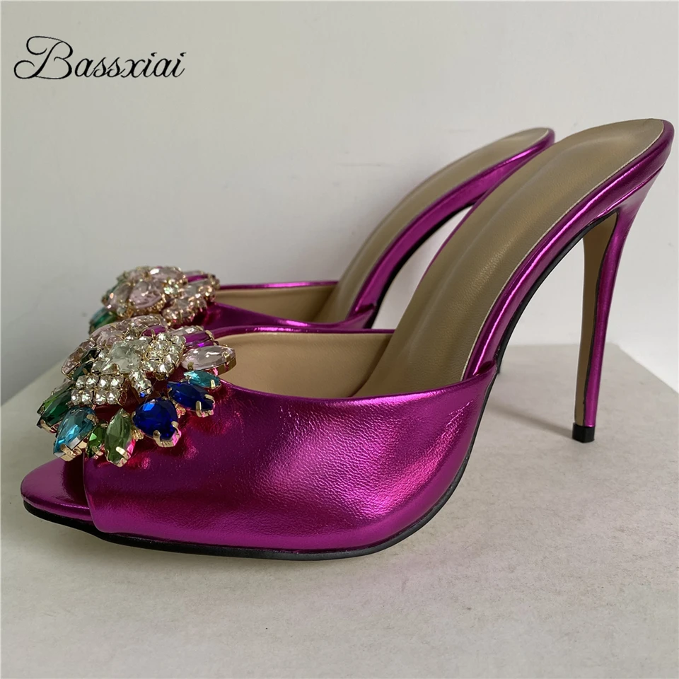 

Colorful Rhinestone Buckle Decor Mules For Girls 10cm Stiletto Heel Genuine Leather Slingbacks Women Sandals Summer