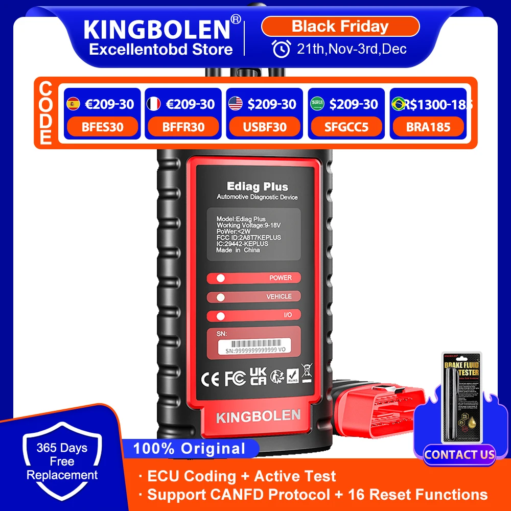 KINGBOLEN Ediag Plus Wszystkie systemy Narzędzie diagnostyczne Obsługa protokołu CANFD Kodowanie ECU Aktywny test 1-letnia bezpłatna aktualizacja PK