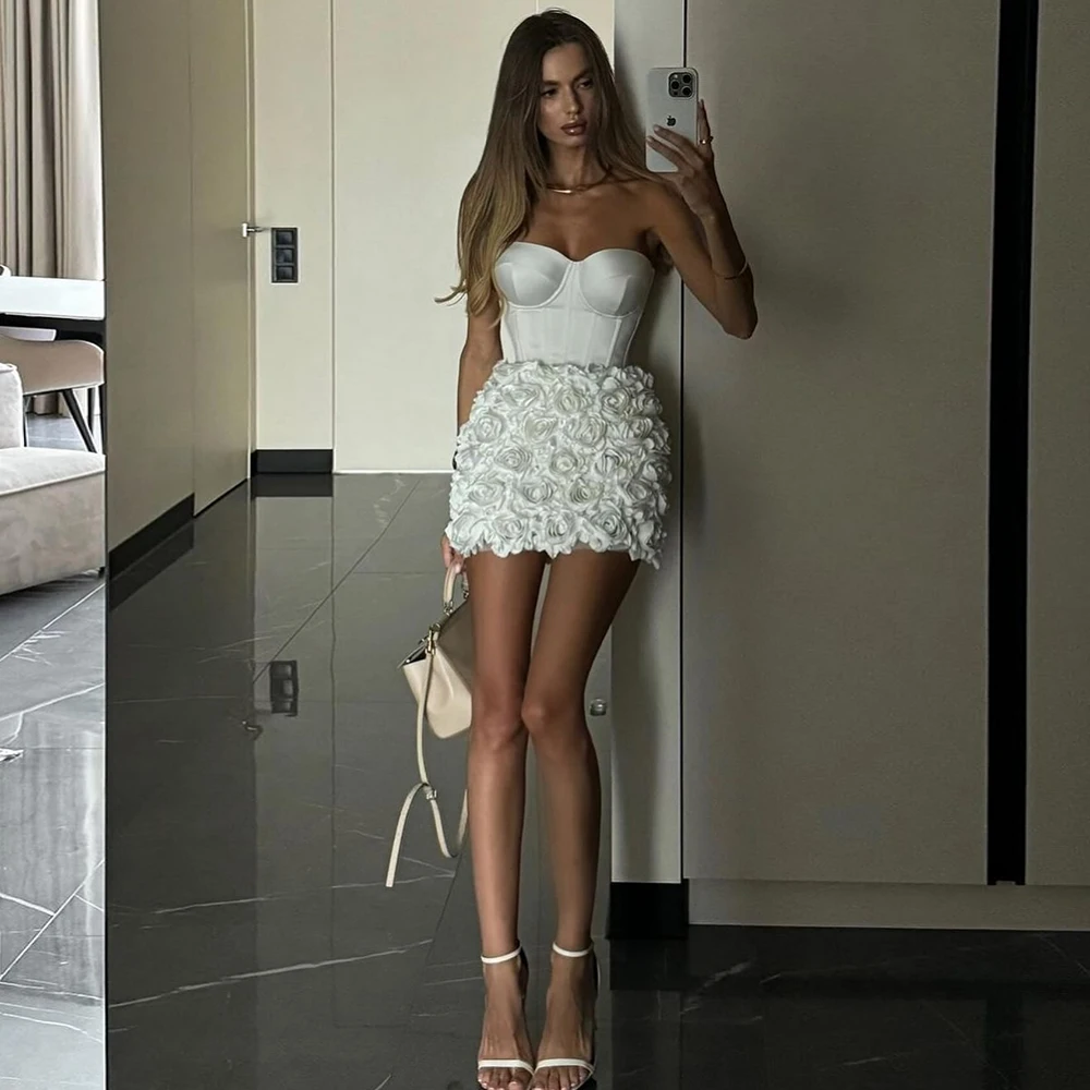 

Chic Women's Wedding Dresses Mini Satin A-line Wedding Party Dresses White Sweetheart 3D flowers 2025 Bride Gowns for Women