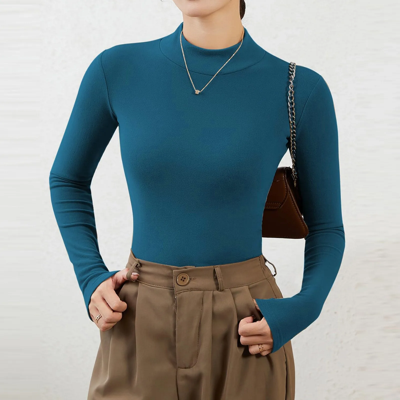 TWomen Solid Color Half High Collar Bottom Tops Female Autumn Long Sleeve Tight Pullover Thin Modal Slim Fit Stand Up Collar Top