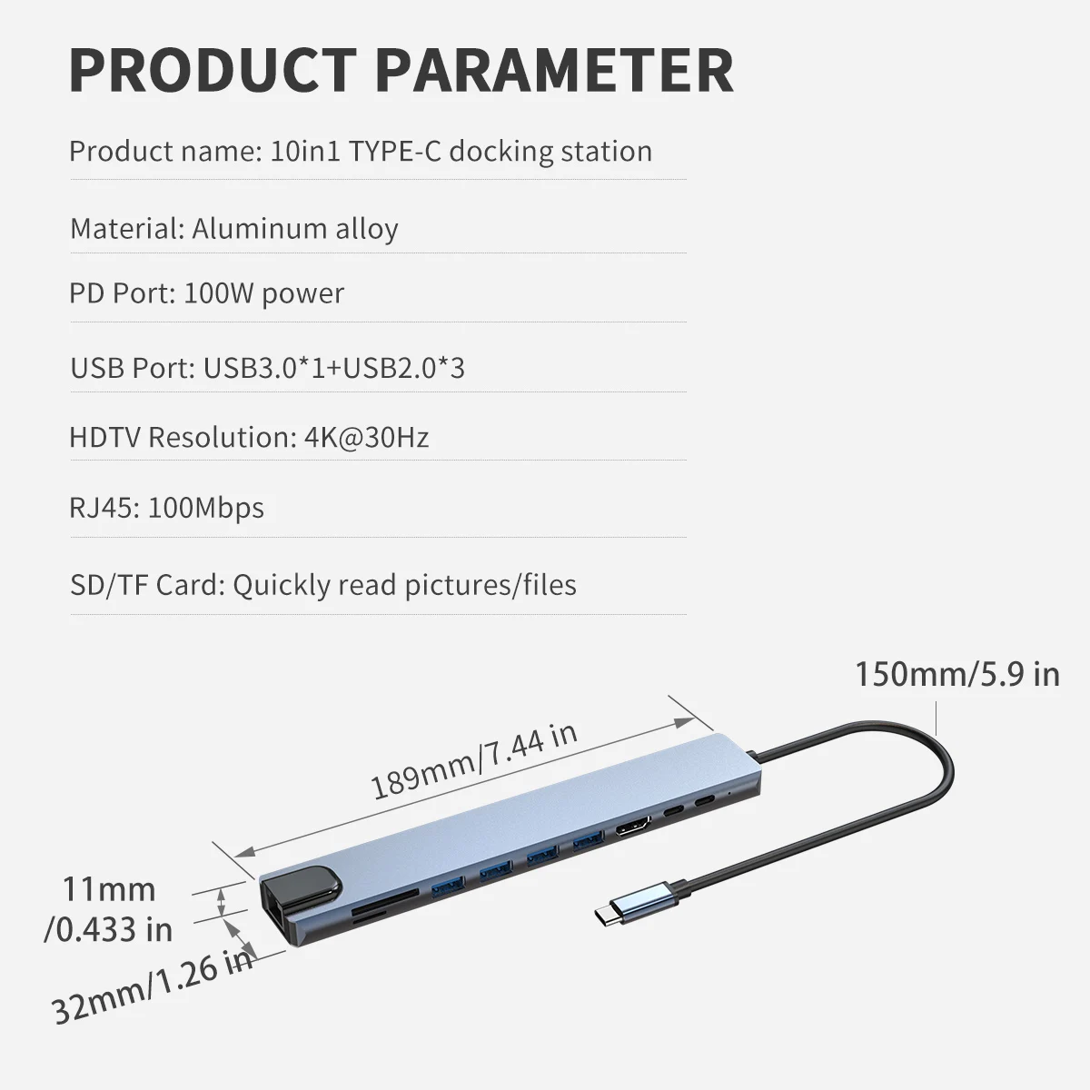 10 IN 1 Type C Docking Station Multi-port Adapter USB C Hub with 4K HDMI,RJ45 100M,USB3.0/2.0,PD 100W,TYPE C 2.0,SD/TF for Mac