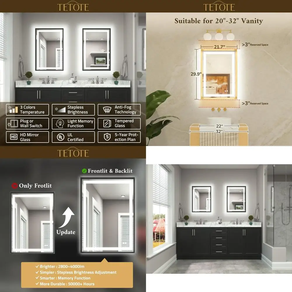 

Зеркало для макияжа с LED-подсветкой 22 x 30 дюймов, с функцией антизапотевания, 3-цветной регулируемой подсветкой, черной матовой рамкой, настенное крепление