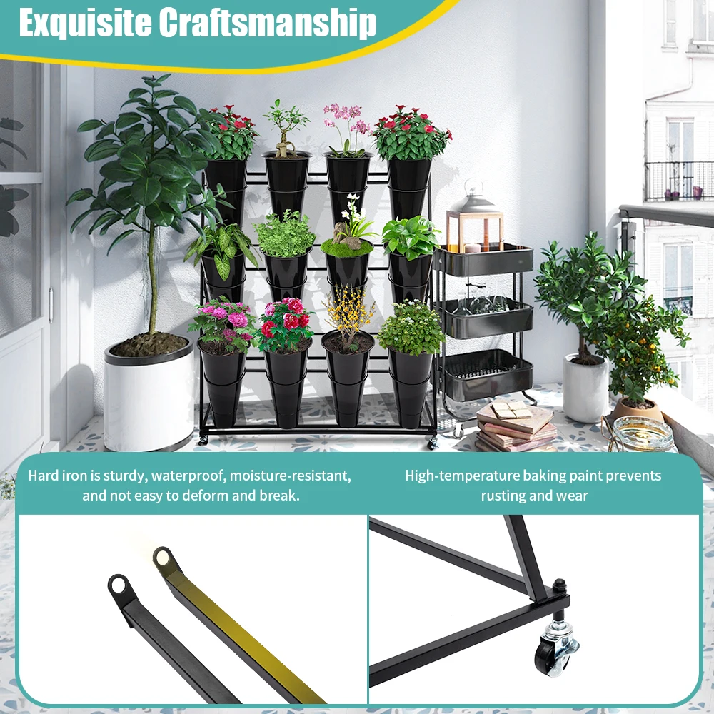 Flower Display Shelf- 12 x Buckets 3 Layers Metal Plant Stand with Wheels Flower Vase Rack Black