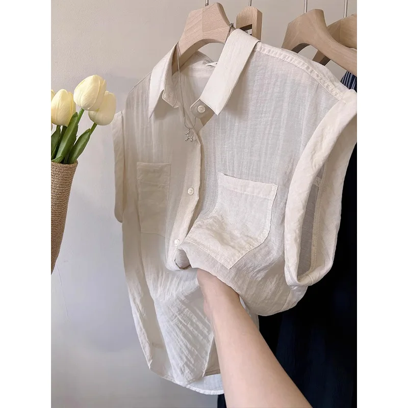 女性の夏のトップス Xiaofei スリーブシャツ コットンリネン半袖 フレンチ個性 シンプルなポロカラー