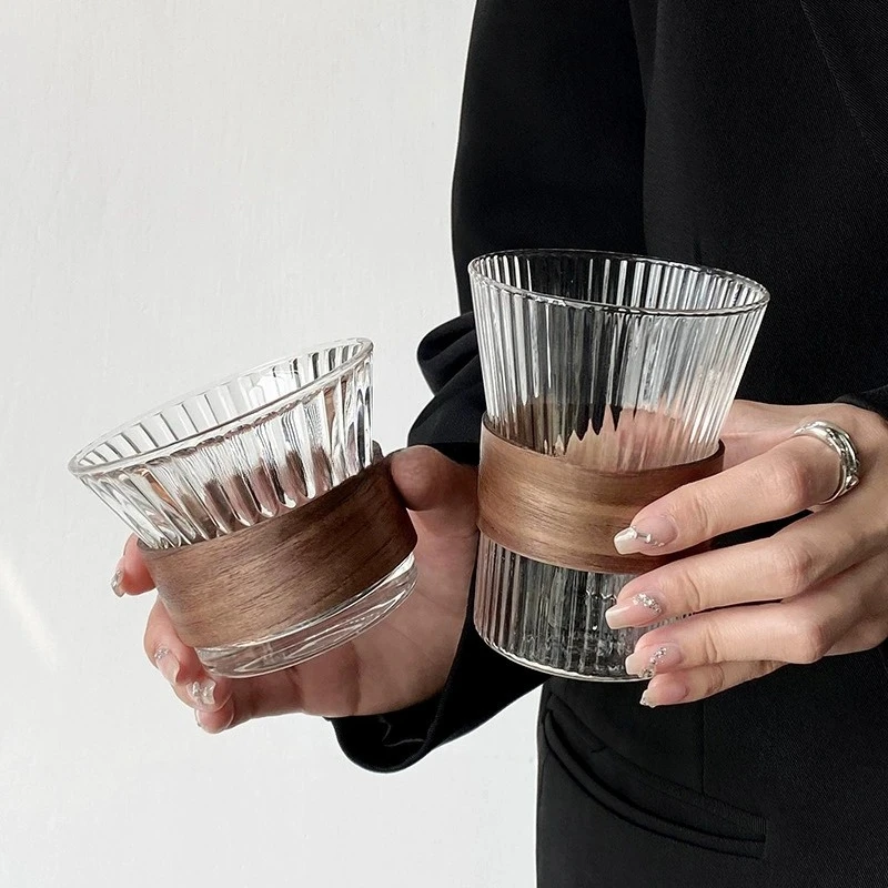 Vertical Pattern Glass Household Heat Insulation and Anti-scalding Teacup Ice American Ear Hanging Coffee Cup Drinking Cup