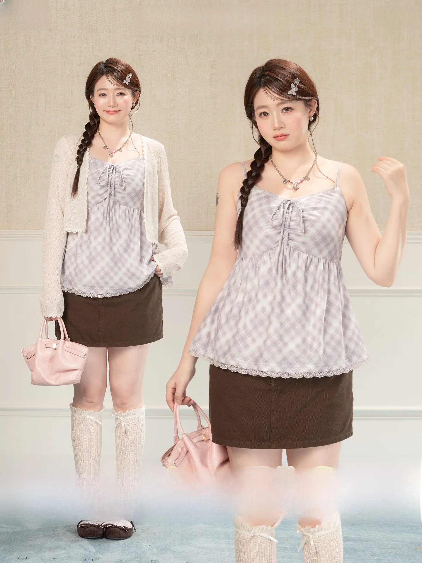 

Heynew plus Size Women's Plaid Print Bow Tie Crop Top Spring Youthful Sweet Dr Awakening irt Commute Sle Slim Fit