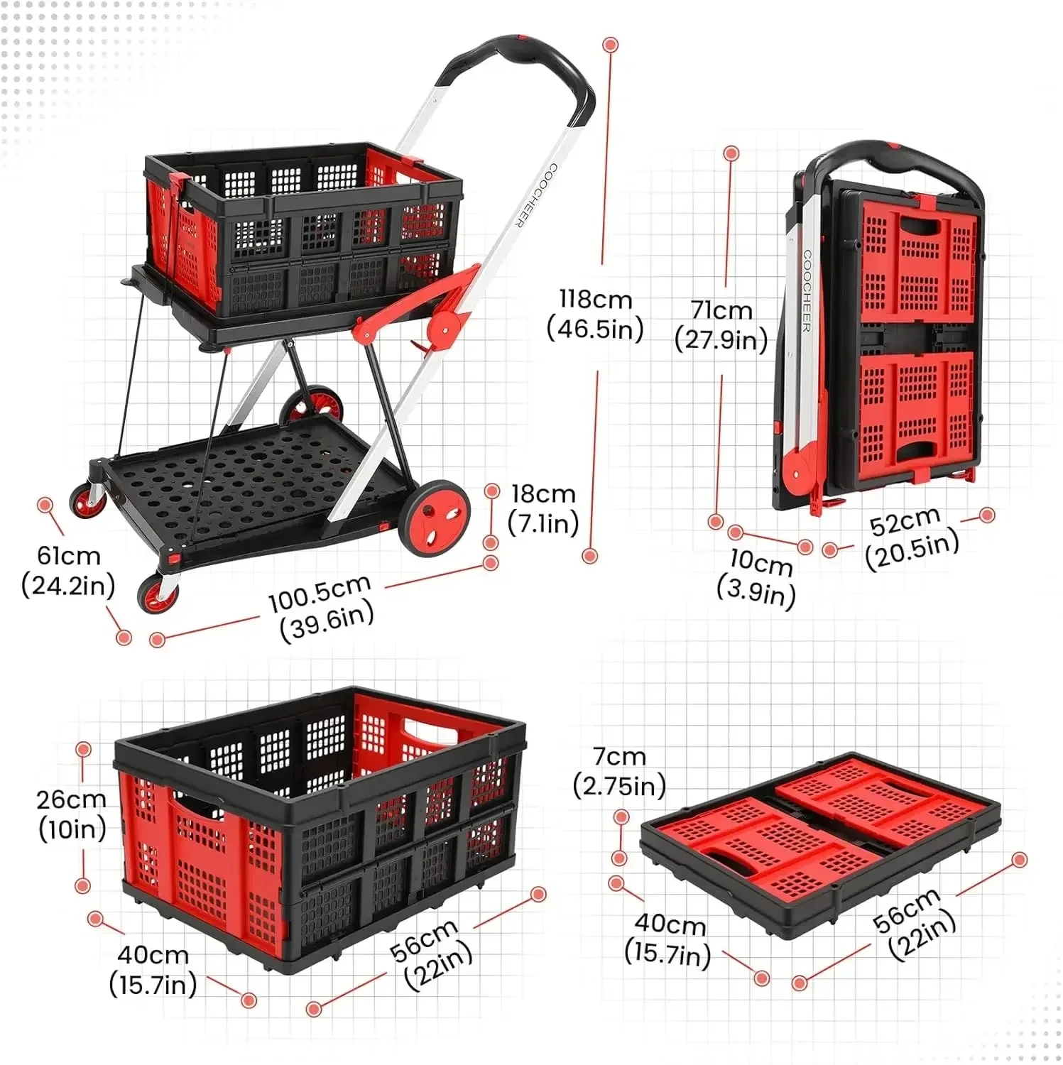 Foldable Shopping Cart With Wheels, Grocery Cart On Wheels, 2-Tier Collapsible Grocery Trolley With Retractable Bands And 360° R