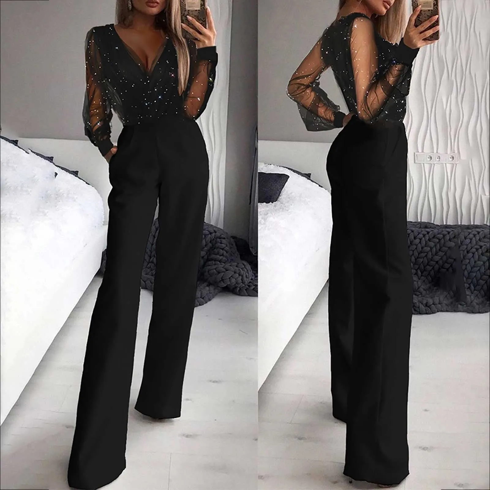 Women's Mesh Glitter Jumpsuits Sexy V Neck Long Sleeve Jumpsuits Elegant Lady Formal Party High Waist Wide Leg Overalls Playsuit