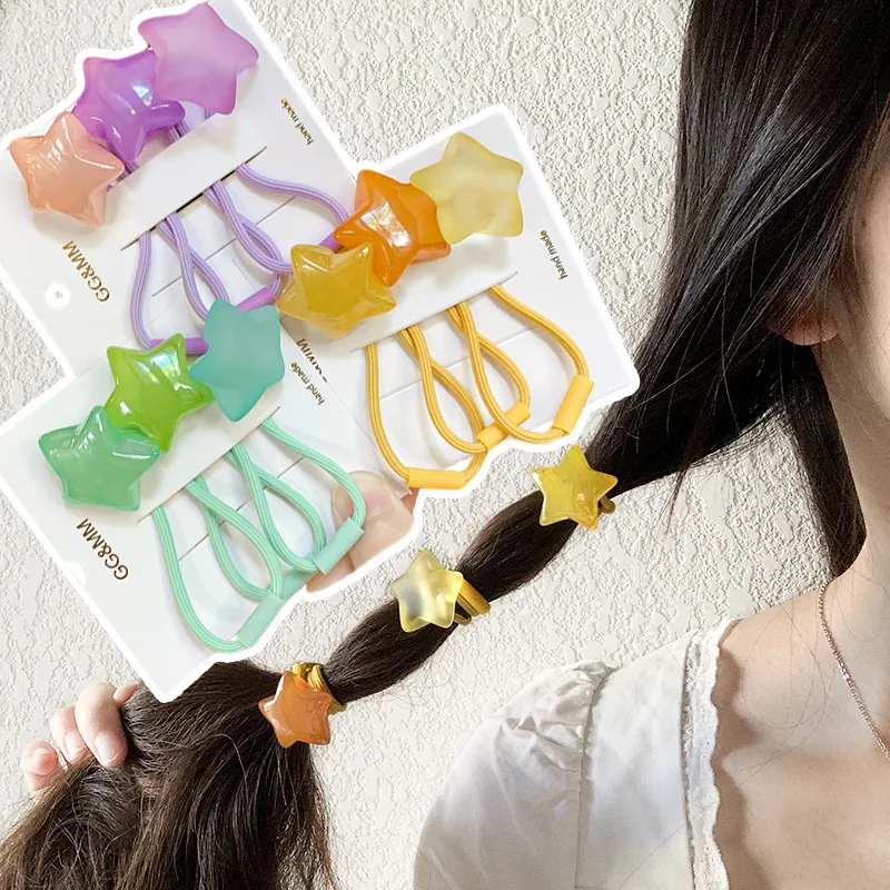 Kids Hair Ties Candy Gradient Color Star Design 3 Pack Elastic Ponytail Holders Cute Korean Style Soft Comfortable Daily School