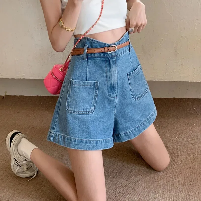 

Irregular High Waist Wide Leg Basic Denim Shorts Female Clothing Solid Color Summer Loose Fashionable Pockets Straight Shorts