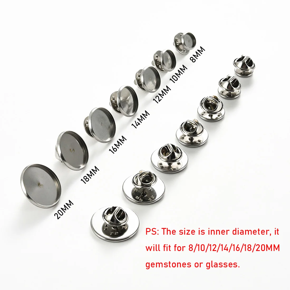 10Sets Stainless Steel Brooch Tray Base Flat Blank Lapel Pin Cabochon Setting Trays with Butterfly Pin Backs for DIY Jewelry
