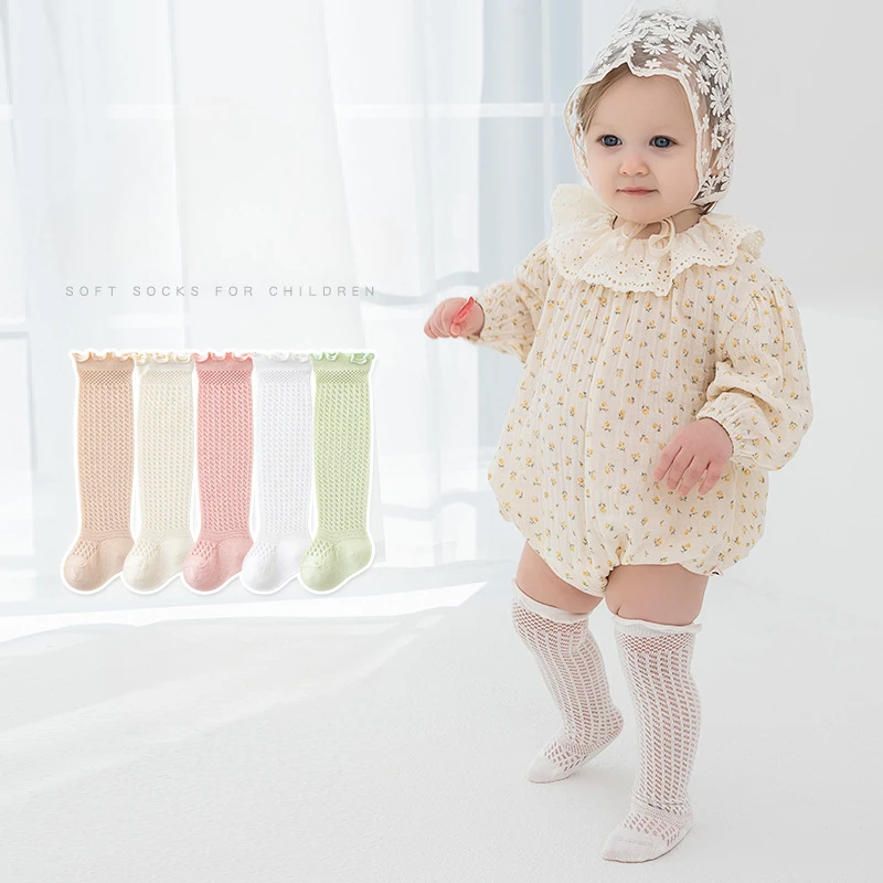 Baby Knee Length Sock Cotton Mesh High Tube Socks for Infants Young Children Boneless Wood Ear Lace Mosquito Repellent Socks