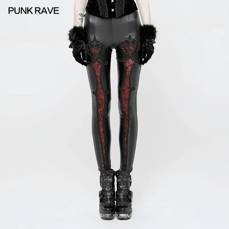 PUNK RAVE Gothic Elastischer Bund Blumen Stickerei Leder Leggings Vintage Geprägte Mesh Spitze Club Party Sexy Frauen Hosen