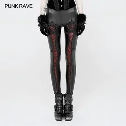 PUNK RAVE Gothic Elastic Waistband Flowers Embroidery Leather Leggings Vintage Embossed Mesh Lace Club Party Sexy Women Pants